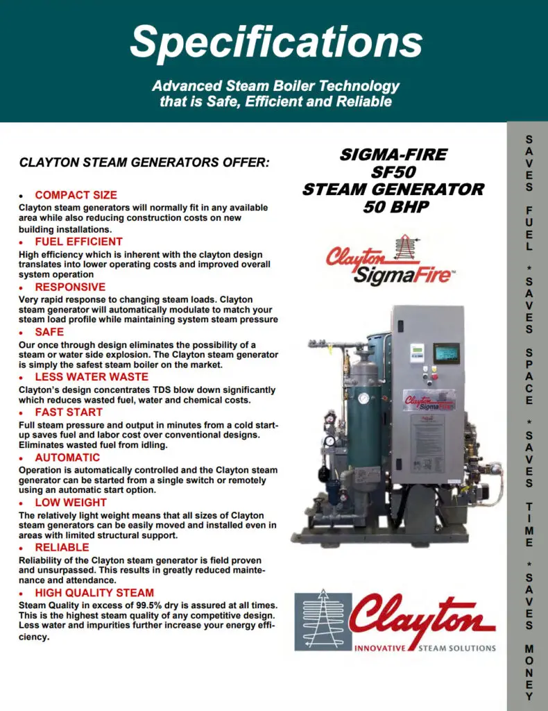 Model SF50, 50 BHP Steam Generator Specifications