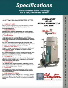 Model SF100, 100 BHP Steam Generator Specifications