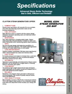 Model E254, 250 BHP Steam Generator Specifications