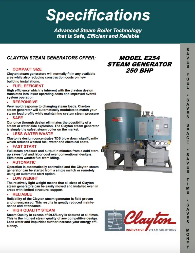 Model E254, 250 BHP Steam Generator Specifications