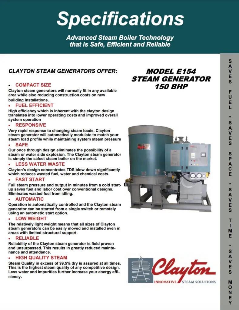 Model E154, 150 BHP Steam Generator Specifications